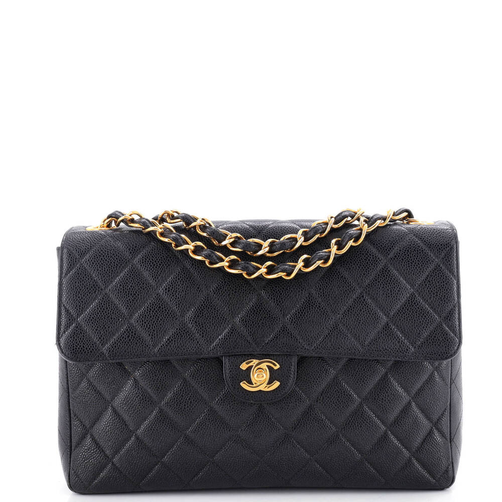 Chanel Jumbo Vintage Square Classic Single Flap Bag Quilted Caviar